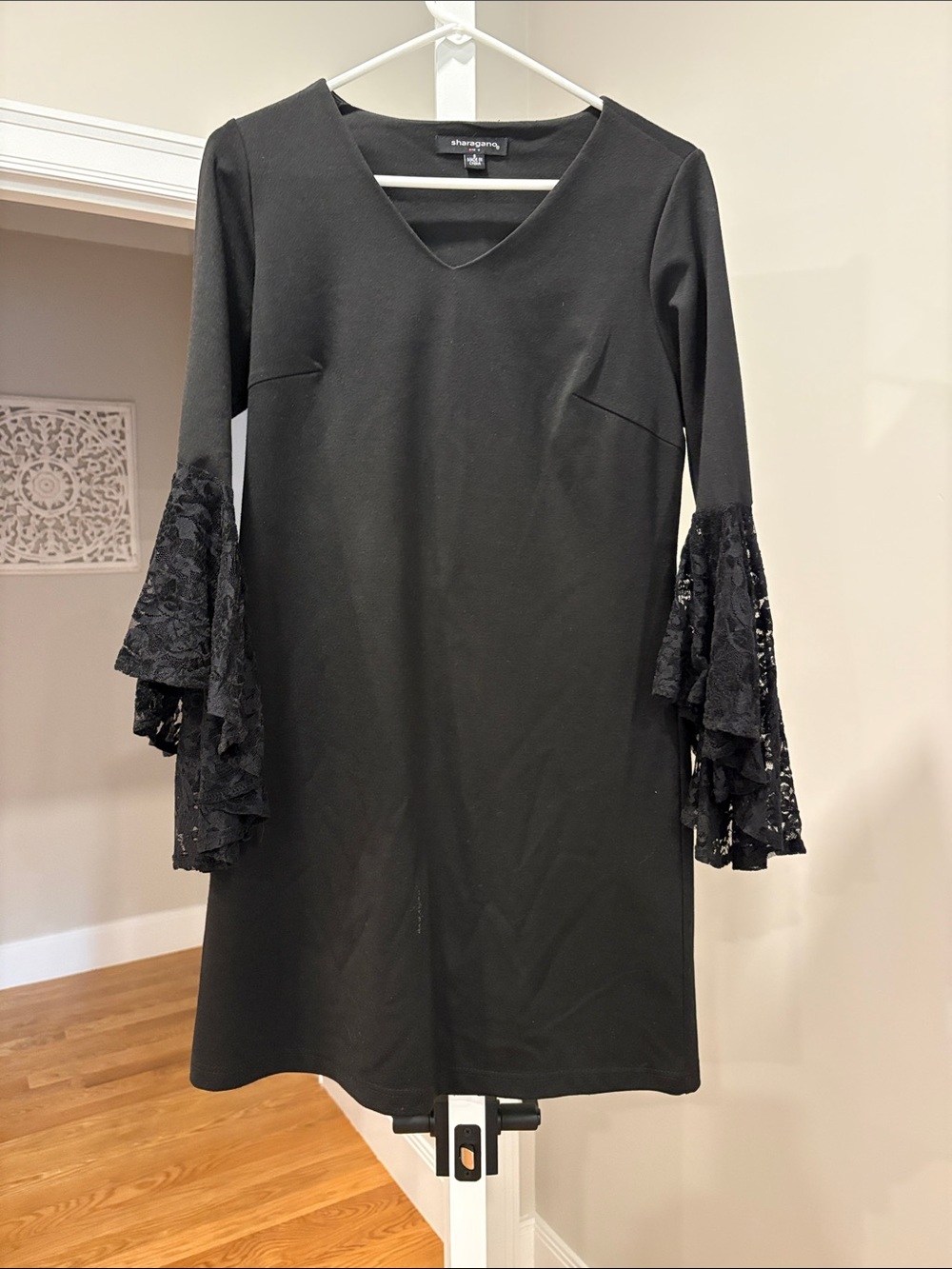 Sharagano Black V-Neck Dress with Lace Bell Sleeves